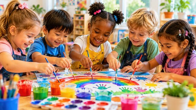 Multicultural children painting a colorful rainbow with handprints on a large sheet of paper at a bright classroom table surrounded by art supplies and plants