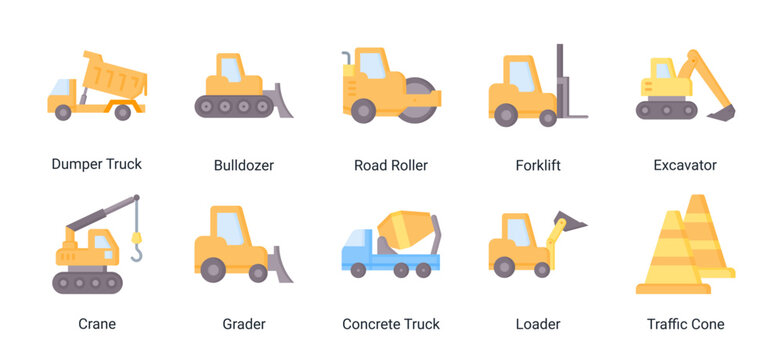 Heavy Machinery icon set featuring industrial vehicles and road construction equipment for engineering, contractor and infrastructure projects.