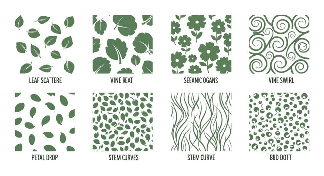 Botanical Patterns: Leaves, Flowers, Vines, and Swirls in Green