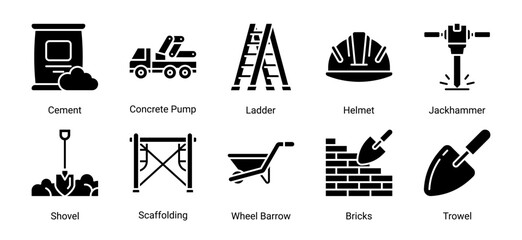 Construction Gear icon set with building materials, safety equipment and site tools for contractor and industrial construction projects. © Arjuna