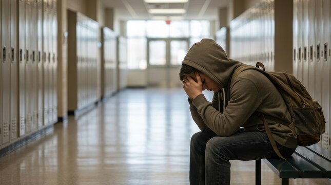 Male student wearing a gray hoodie sits on a bench in a school hallway, head down with hands covering face, lockers lining the walls in the background