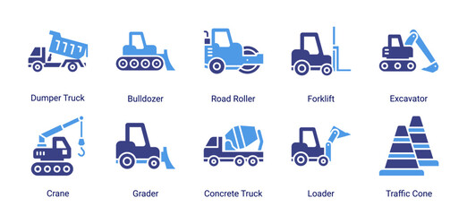 Heavy Machinery icon set featuring industrial vehicles and road construction equipment for engineering, contractor and infrastructure projects. © Arjuna