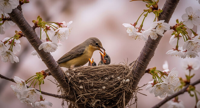 Parent Bird Feeding Chicks in a Blossoming Spring Tree Nest