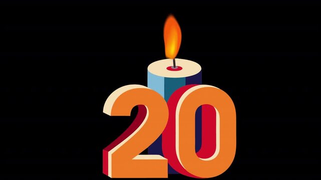 20th Anniversary Candle. Anniversary Date Animation, Alpha Channel. Cartoon
