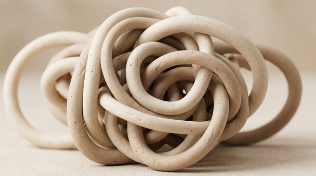 Clay sculpture features a complex knotted design crafted from smooth, light brown material against a neutral background.