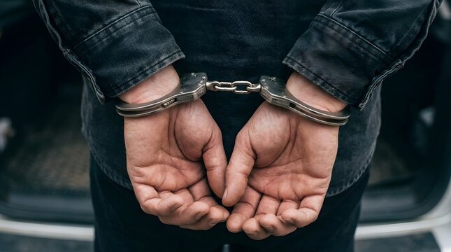 Male Hands in Handcuffs, Arrest, Criminal Justice System and Law Enforcement Concept