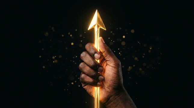 Golden success arrow held by hand against dark background for financial growth marketing