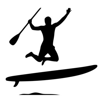 Active man jumping on paddleboard silhouette