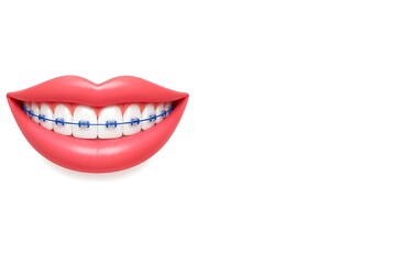 Fototapeta premium Smile with Blue Dental Braces on White Background, Realistic Orthodontic Treatment Concept. Copyspace
