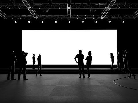 White Blank Large Screen Mockup 3D Render in a Conference Hall with Poeple as a foreground