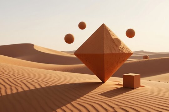 Orange geometric shapes hover over desert sand dunes at sunset. A large octahedron and small spheres create surreal landscape art. A cube sits in the foreground casting long shadows.