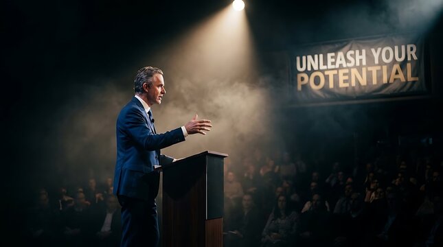 Motivational speaker delivering speech on stage with dramatic lighting for leadership marketing
