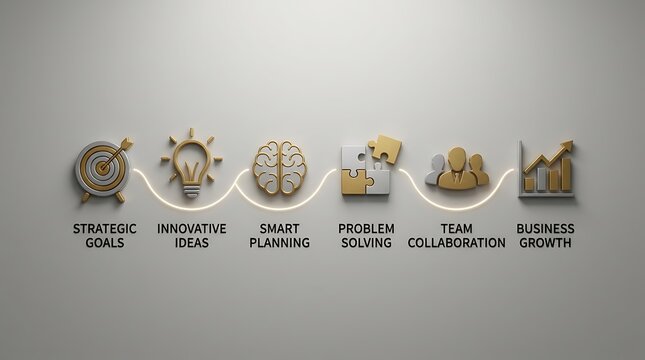 Business strategy process timeline with metallic icons and soft lighting for corporate marketing