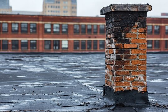 Rooftop Observation, Brick Chimney, Urban Factory, Photography, Overcast Day, Ground-level Perspective, Industrial Architecture