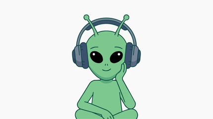 Obraz premium Alien Wearing Oversized Headphones Listening to Audio in a Modern Digital Workspace for Ai Productivity and Remote Learning