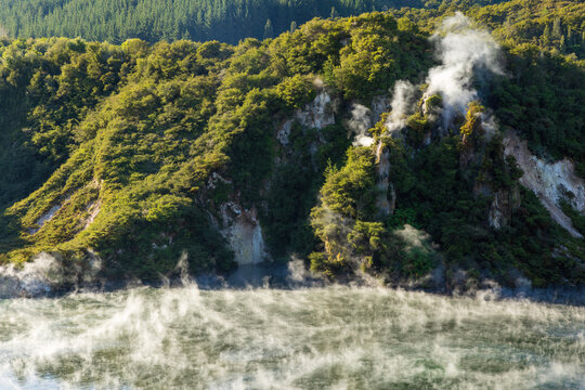Steam rises from Frying Pan Lake  in Waimangu Volcanic Valley, a geothermal tourist attraction near Rotorua, New Zealand