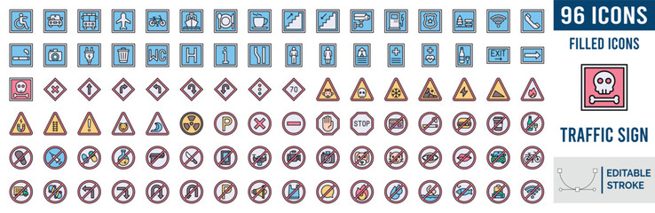 Set Of 96 Traffic Sign Icons. Public Signs And Finance Web Icons In Trending Lineal Colour Style. © Vector Bazar
