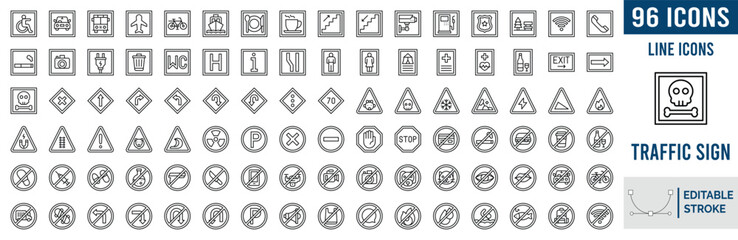 Set Of 96 Traffic Sign Icons. Public Signs And Finance Web Icons In Trending Line Style. © Vector Bazar