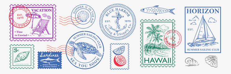 Vintage postage stamps. Hawaii, sardines, shells, citrus and nautical symbols. Perfect for travel branding, summer packaging, stickers. © Andrey