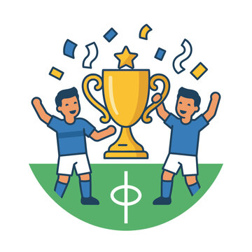 Two soccer players celebrate with a trophy on a green field with confetti and a star on top, 1 (38)