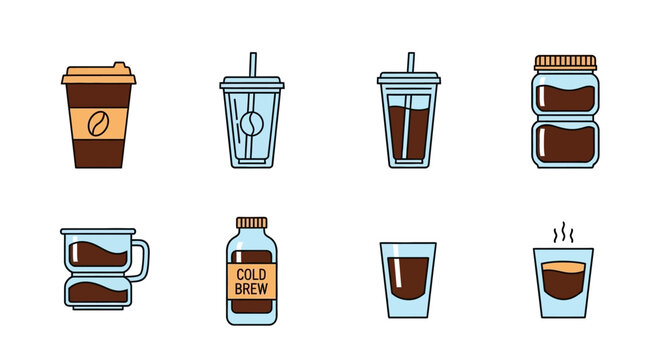 Coffee Drink Icons: Cold Brew, Iced Coffee, Espresso, and Hot Coffee Cups