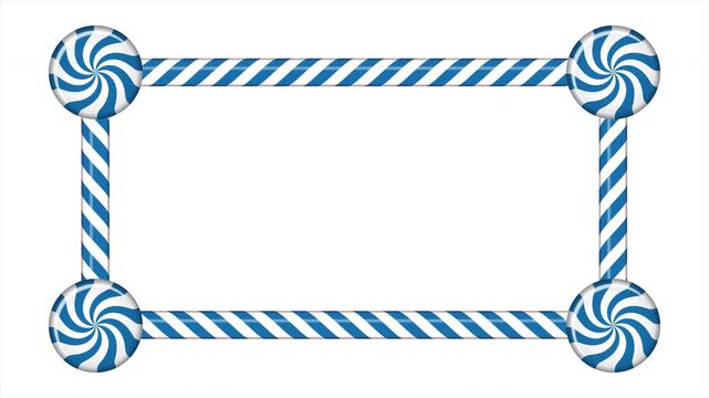 Rectangle candy cane frame animation with blue and white striped lollipop pattern. Perfect for holiday decoration. Winter holidays theme. 4K animation