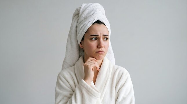 Young woman in a bathrobe and towel on her head looking thoughtful and concerned.