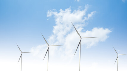 Wind mill power energy farm generator renewable sustainable field on blue sky, environment eco system technology industry ecology electricity power propeller turbine clean carbon. © wing-wing