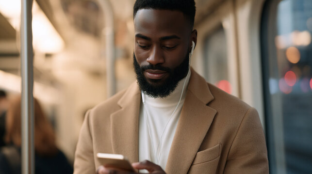 Professional scrolling through a microlearning module on a smartphone while standing in a subway car, commuter learning environment with earbuds in, one thumb navigating