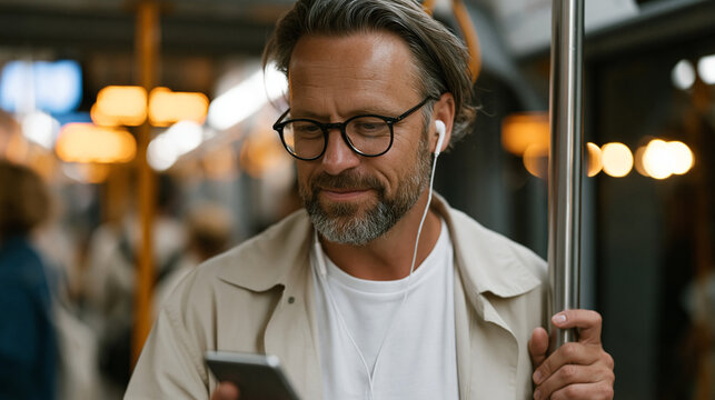 Professional scrolling through a microlearning module on a smartphone while standing in a subway car, commuter learning environment with earbuds in, one thumb navigating