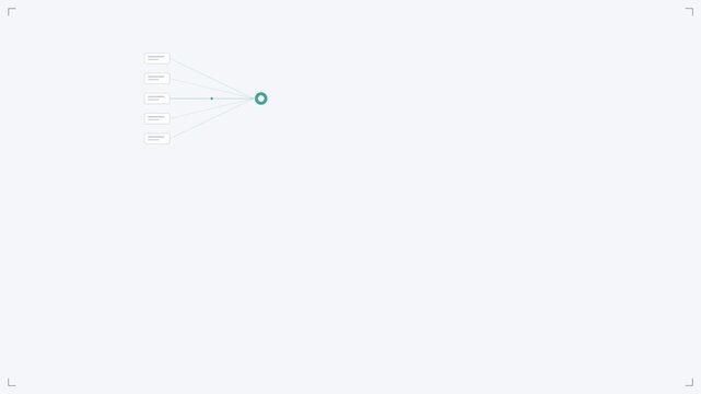 Animated minimal RAG knowledge retrieval concept loop with an AI core linking source documents on a light technology background