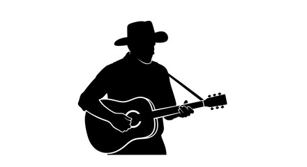 Musician playing an acoustic guitar stands in a classic cowboy hat silhouette to represent a country music performer in a simple graphic style suitable for branding or event posters. © Berkah