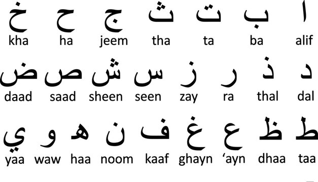 Arabic Alphabet Chart Vector with Pronunciation Titles in English for Kids Education School Learning Materials Online Language Courses and Cultural Posters