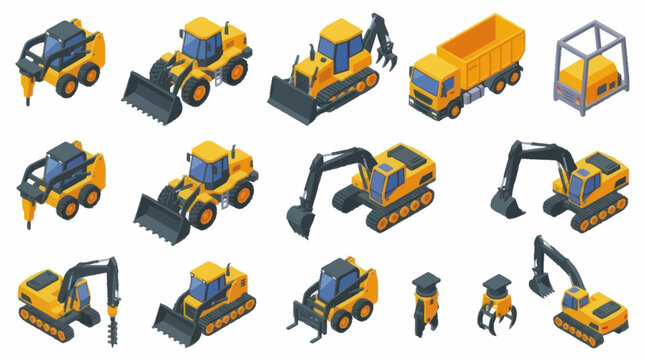 Collection of Construction Vehicles and Equipment in Isometric View.