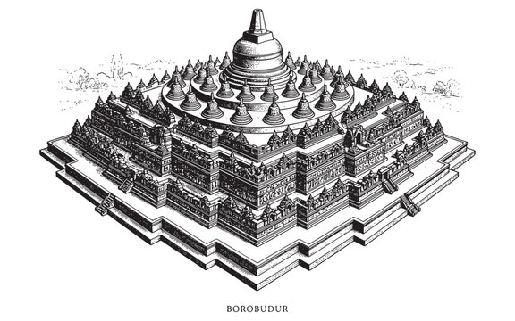Borobudur Temple Java Indonesia, Detailed Vintage Buddhist Architecture Woodcut