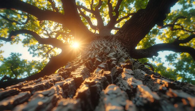 Oak Tree Trunk Low Angle View Under Golden Sunlight