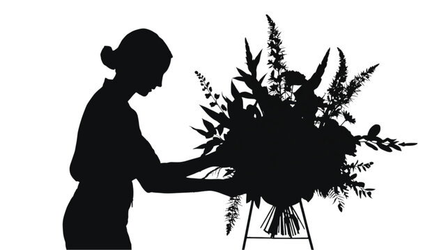 Florist in silhouette carefully arranges a decorative bouquet of fresh plants on a stand.