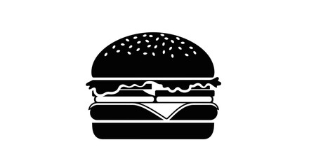 Fototapeta premium Hamburger icon displays a classic fast food meal with a sesame seed bun, lettuce, tomato, and cheese patty in a minimalist graphic style suitable for restaurant menus and digital food applications.