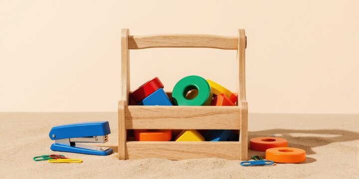 Wooden toolbox holds colorful blocks. Blue stapler and paper clips rest on sand. Objects arranged on beach, creative office supplies concept, light background.