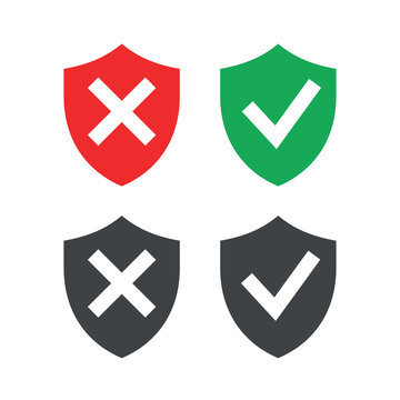 A shield icon with a check mark and a cross. Symbol of protection, defense, or lack of protection. An attribute of safety, security, or danger. Icon for the web.