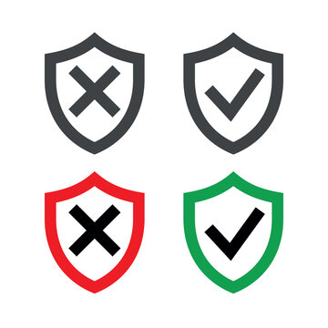 A shield icon with a check mark and a cross. Symbol of protection, defense, or lack of protection. An attribute of safety, security, or danger. Icon for the web.