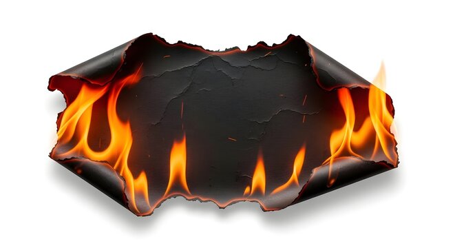 Burnt paper with flames isolated on white background