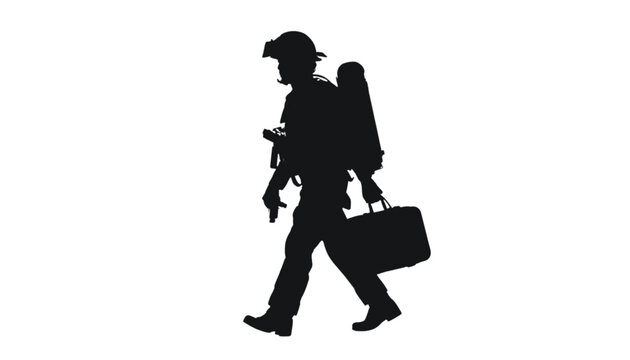 Firefighter in silhouette carries professional equipment while walking toward an emergency scene.