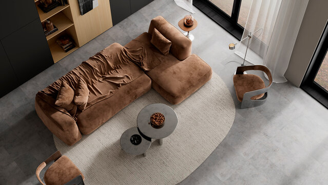 Top view luxury living room with curved brown sofa and elegant contemporary apartment interior design. 3D illustration