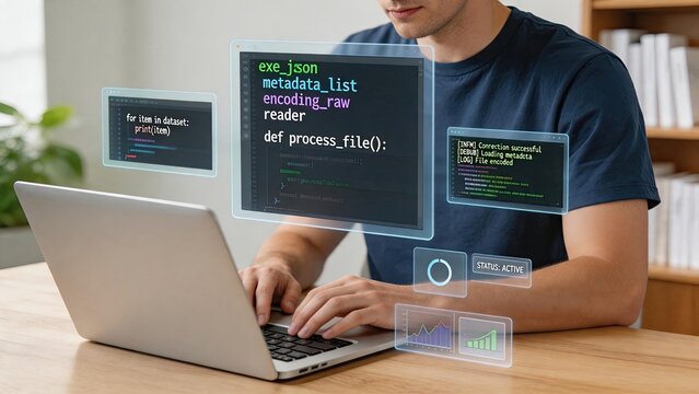 Developer coding on laptop with floating screens showing JSON metadata and processing scripts, illustrating software engineering, database management, and backend programming