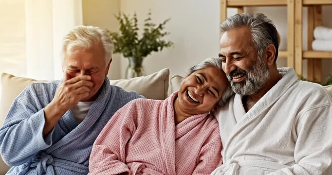 Senior friends laughing together indoors.