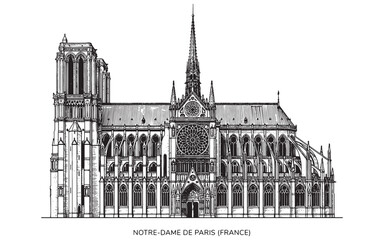 Obraz premium Notre Dame de Paris France, Detailed Vintage Gothic Cathedral Engraving Art