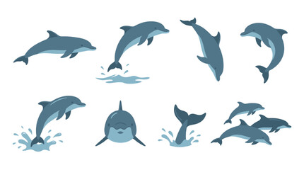 Fototapeta premium Set of cute cartoon dolphin characters in various poses and actions isolated on white background.