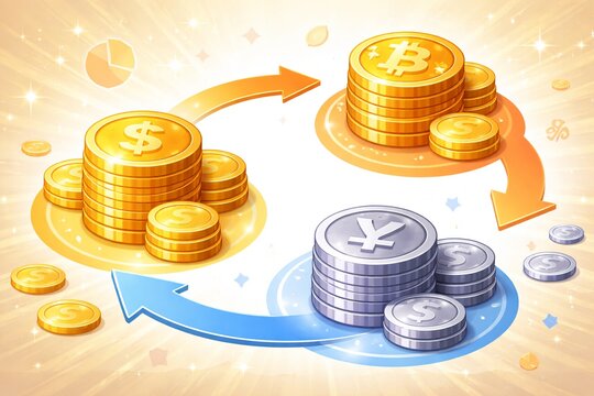 多様な通貨の交換サイクルをドル、ビットコイン、円が循環する金融イラスト