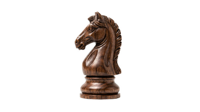 Classic brown wooden horse figure from a traditional chess set, isolated on transparent background
